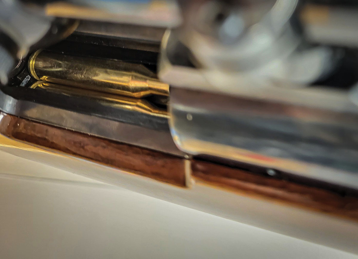 While difficult to get a clear photo, one of the malfunctions experienced while testing, known as “rim jam” or “rim lock.” One case gets caught on the other case’s rim, restricting the operation of the bolt and the feeding of the cartridge into the chamber.